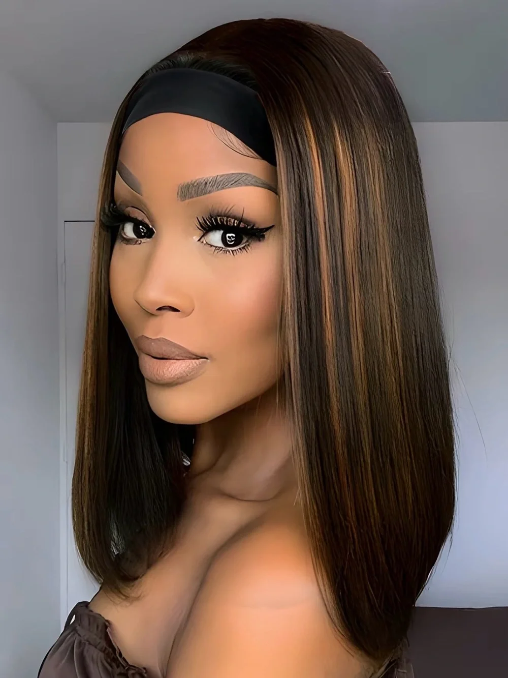 Synthetic Straight Middle-Part Headband Wig with Caramel Highlights - Brown